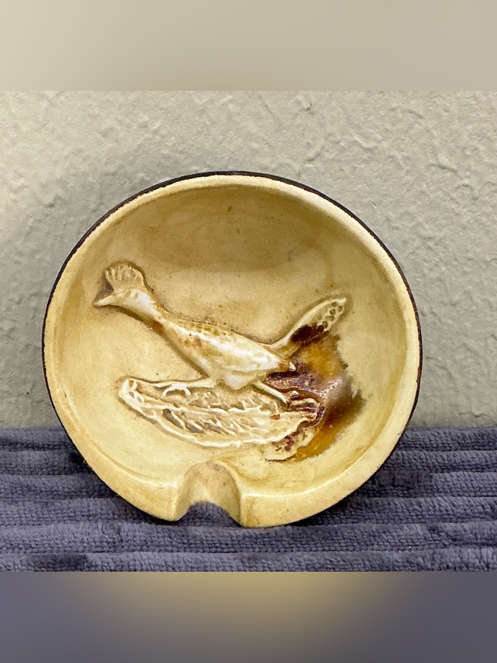 VTG Roadrunner Bird Art Pottery Ashtray Drip Glaze Stoneware Handcrafted Dish